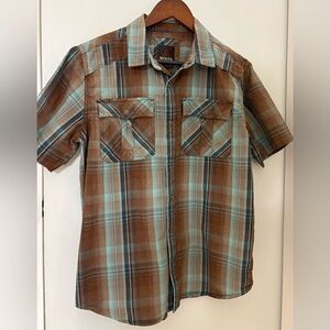 Prana Men's Teal and Brown Plaid Button-Down Shirt 100% Organic Cotton